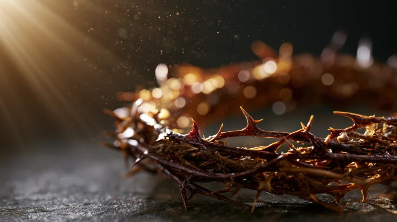 Crown of thorns resting on dark stone surface with light rays and floating particles