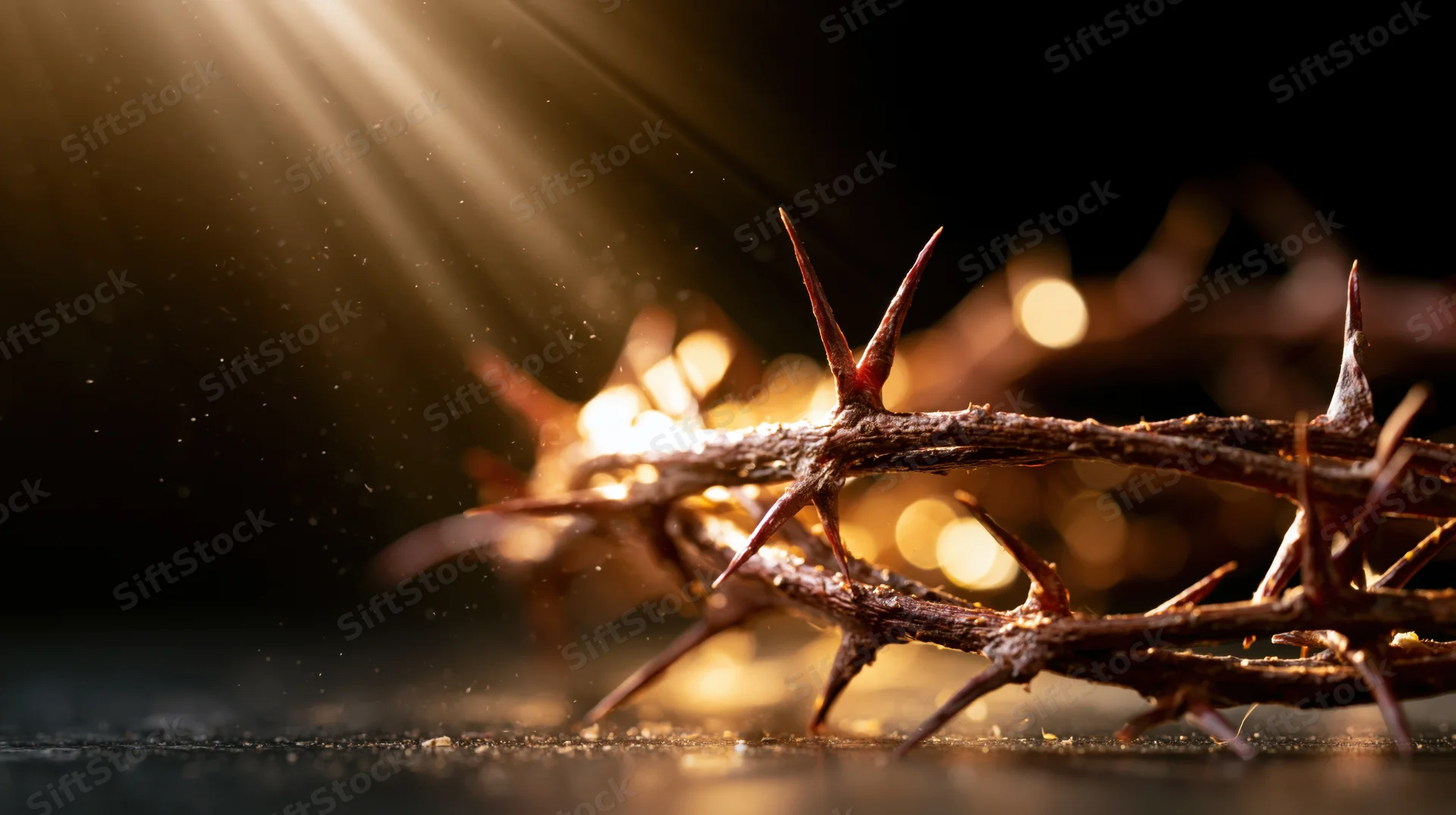 Crown of thorns resting on dark surface with light rays and dust particles in foreground