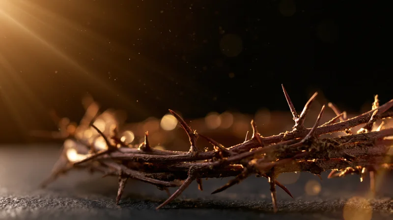 Crown of thorns resting on dark surface with golden light and bokeh background