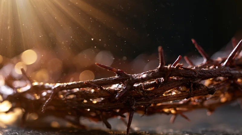 Crown of thorns resting on dark surface with sunbeams and dust particles in air