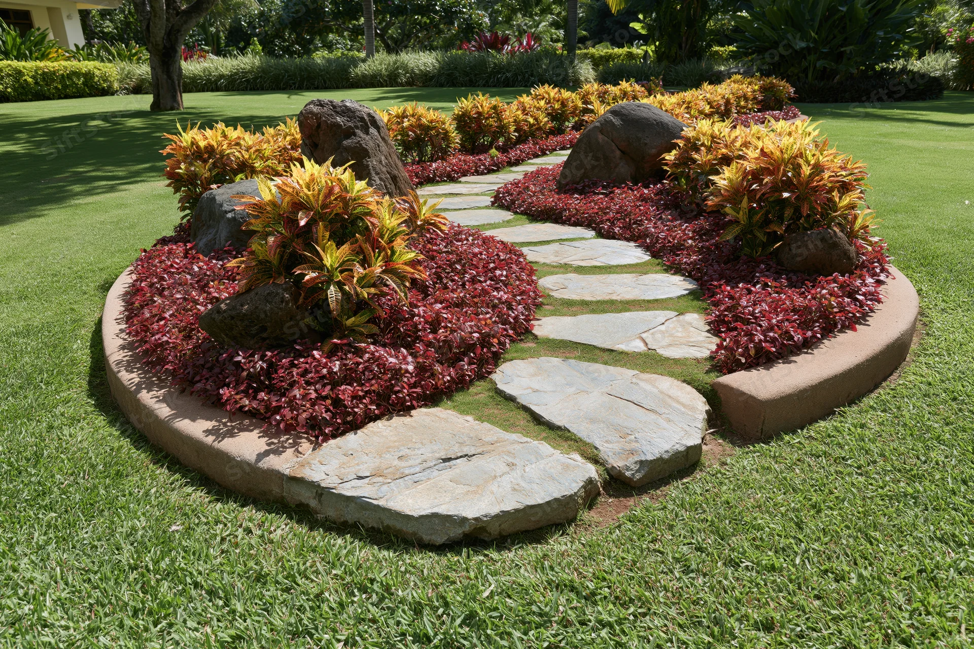 Curved stepping stone path winding through a manicured tropical garden with colorful foliage and stone borders