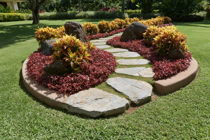 Curved stepping stone path winding through a manicured tropical garden with colorful foliage and stone borders