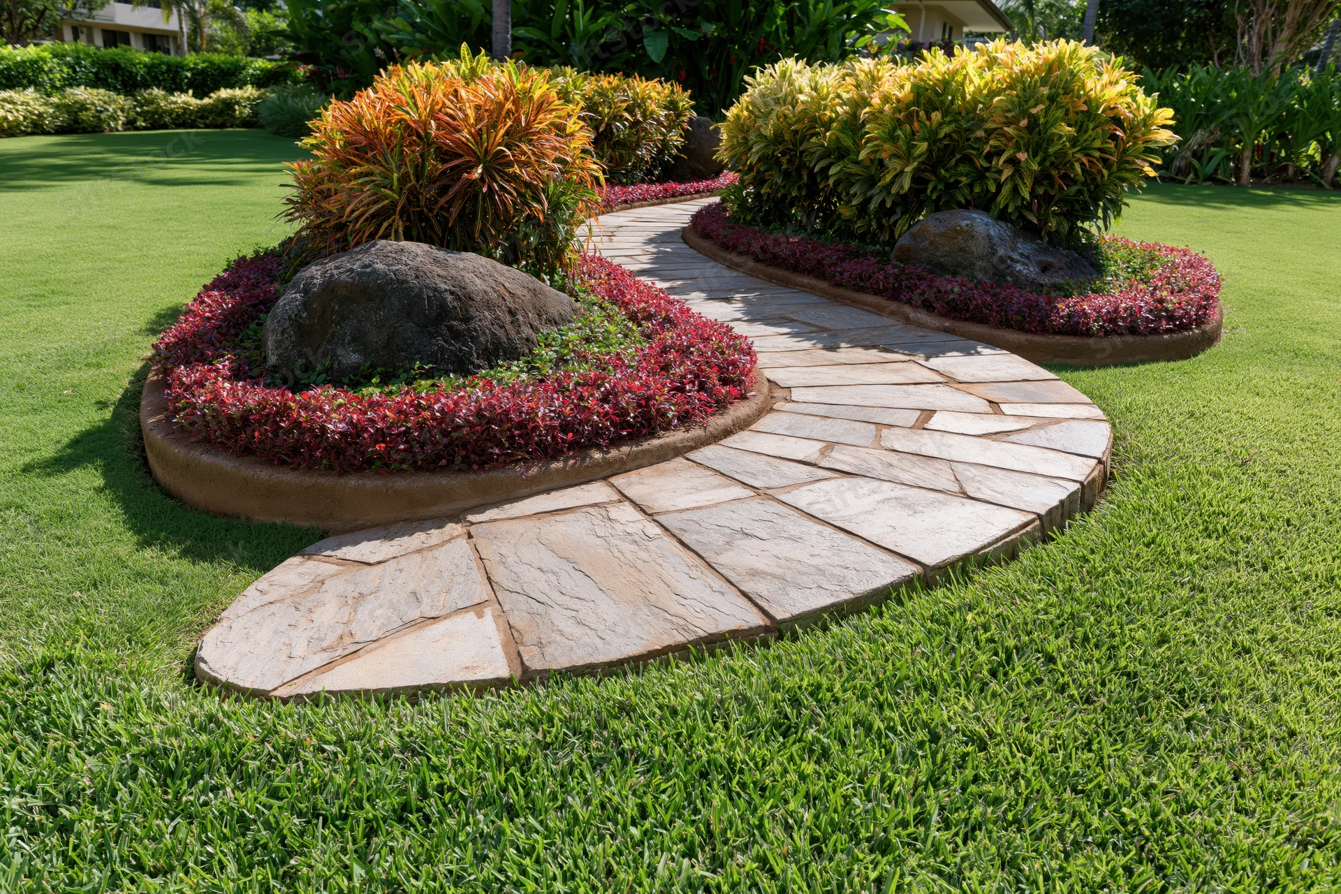 Curved stone pathway winding through a manicured tropical garden with shrubs and rocks bordered by red foliage and green lawn