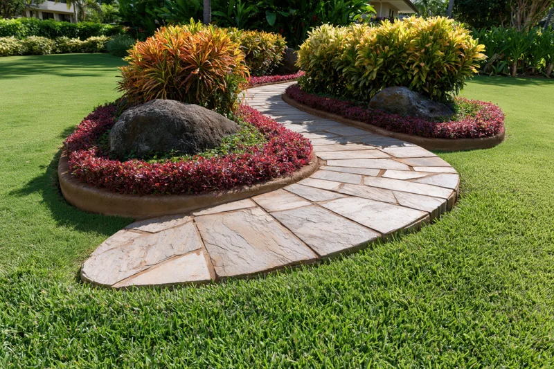 Curved stone pathway winding through a manicured tropical garden with shrubs and rocks bordered by red foliage and green lawn