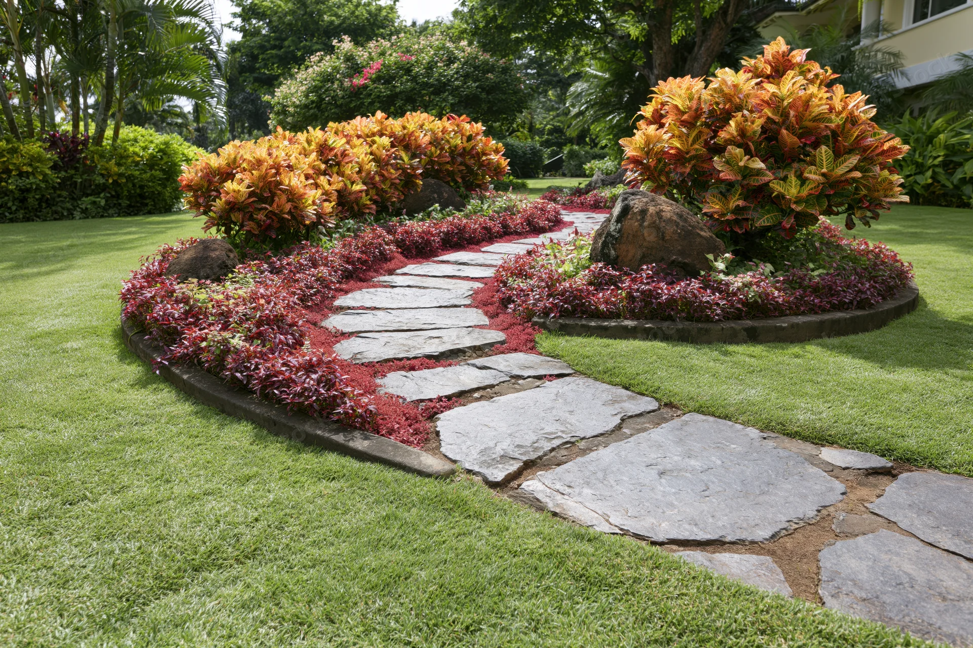 Curved stepping stone path winding through a manicured tropical garden with red mulch and colorful shrubs bordered by lawn