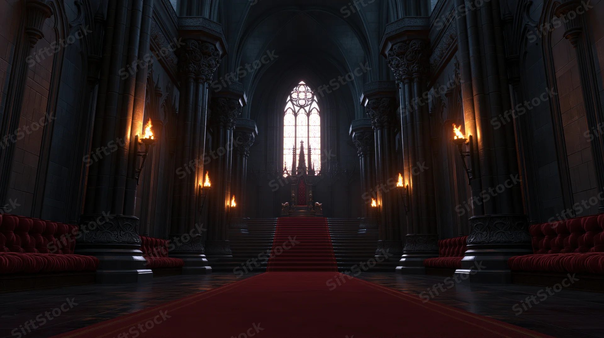 Dark gothic throne room with red carpet leading to raised throne under stained glass window