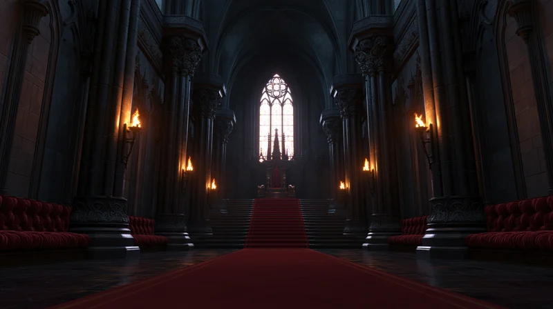 Dark gothic throne room with red carpet leading to raised throne under stained glass window