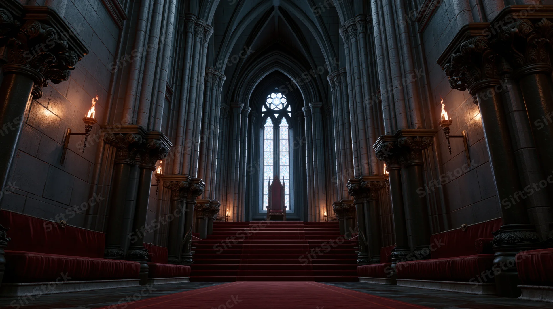 Empty gothic throne room with red carpeted steps leading to a raised throne under a stained glass window