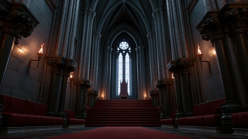 Empty gothic throne room with red carpeted steps leading to a raised throne under a stained glass window