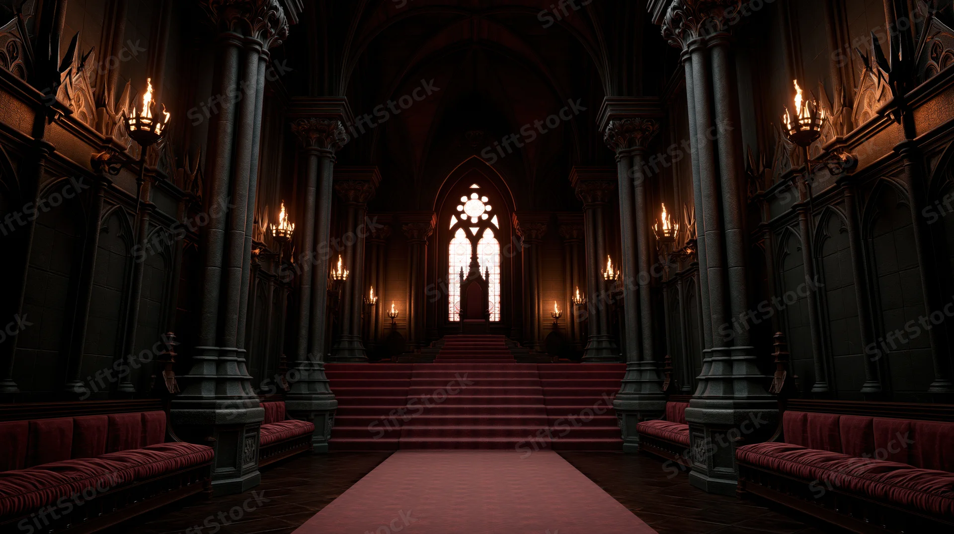 Empty gothic throne room with red carpeted stairs leading to raised throne under arched window, flanked by stone columns and candlelit sconces