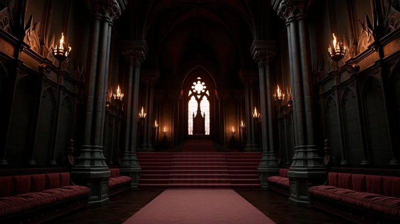 Empty gothic throne room with red carpeted stairs leading to raised throne under arched window, flanked by stone columns and candlelit sconces