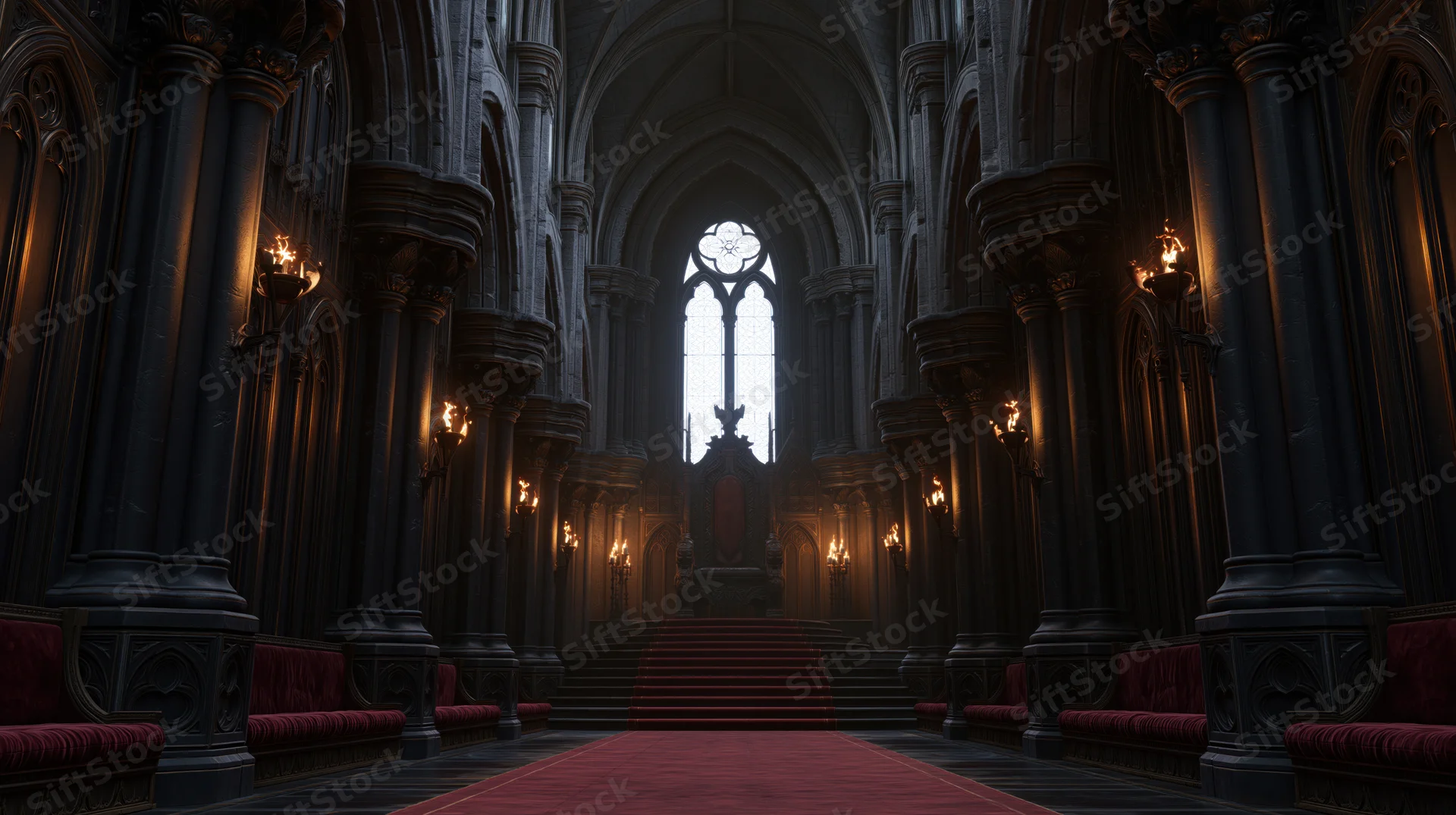 Empty gothic throne room with red carpet leading to raised throne under arched stone ceiling