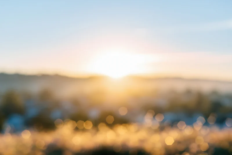 Defocused outdoor landscape with bright sun low on horizon over grassy field at sunrise