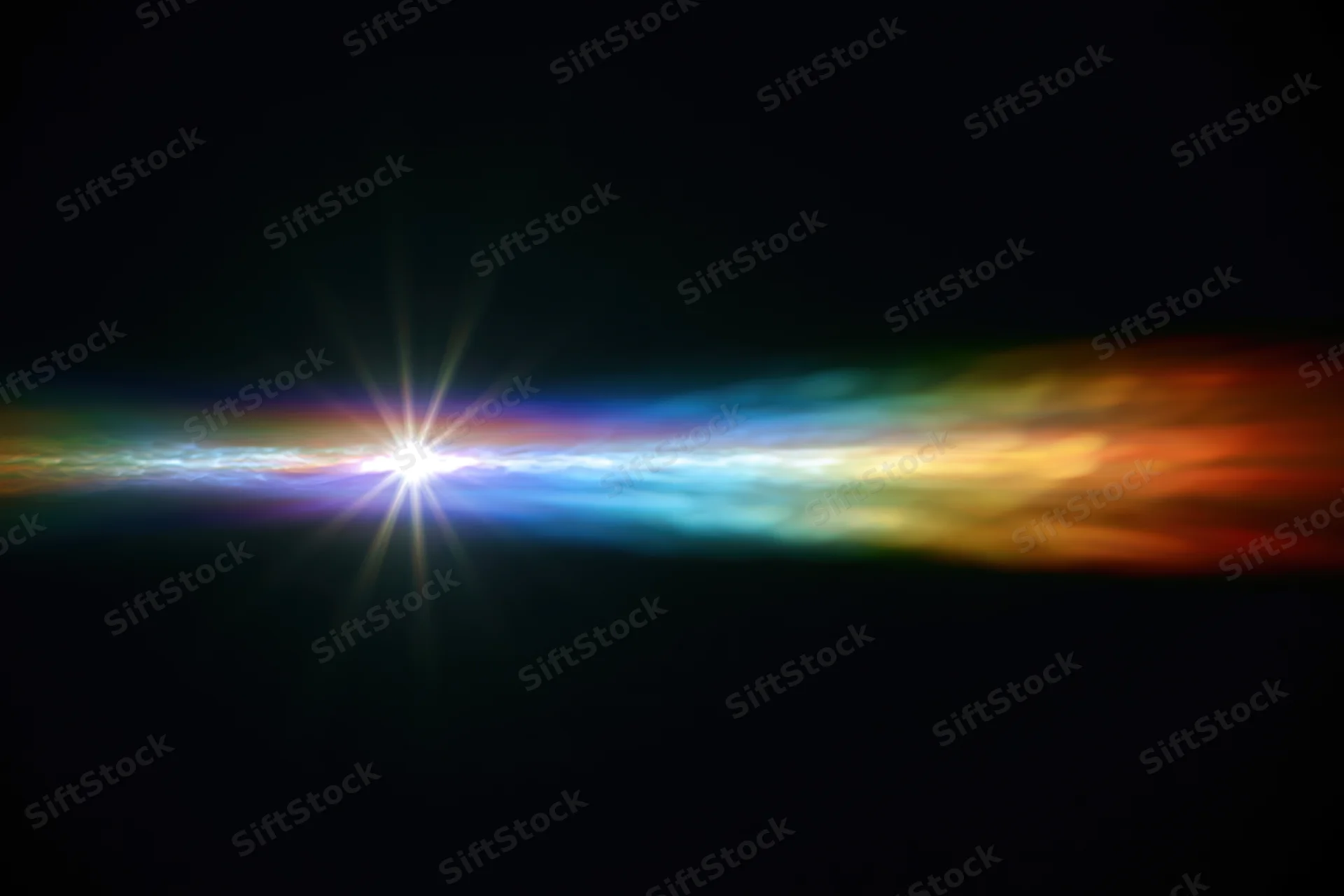 Horizontal rainbow light diffraction pattern glowing against dark background with starburst center