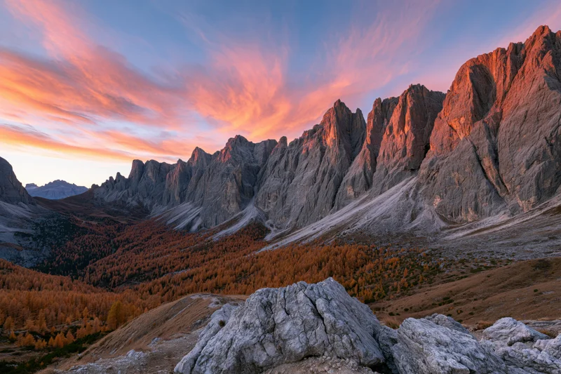 Jagged limestone dolomite peaks at sunset over autumn valley with golden larch forest
