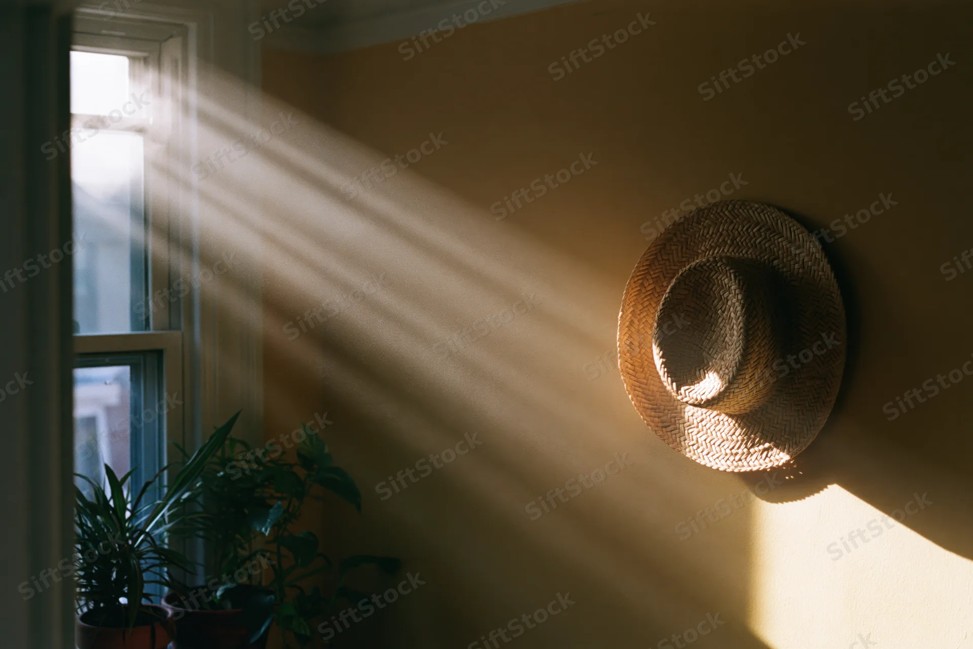 Straw hat hanging on a wall illuminated by morning sunbeams streaming through a window beside potted plants
