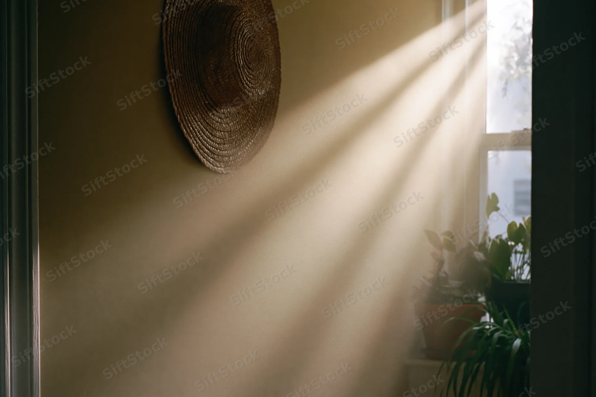 Morning sunlight streaming through a dusty window onto a straw hat hanging on a wall beside potted plants