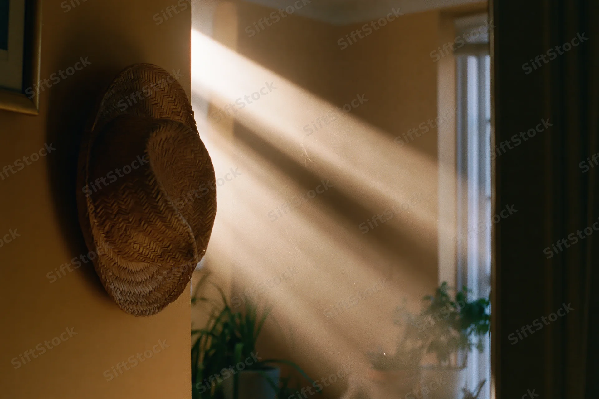 Morning sunlight streaming through a dusty window into a room with a straw hat hanging on the wall and potted plants nearby