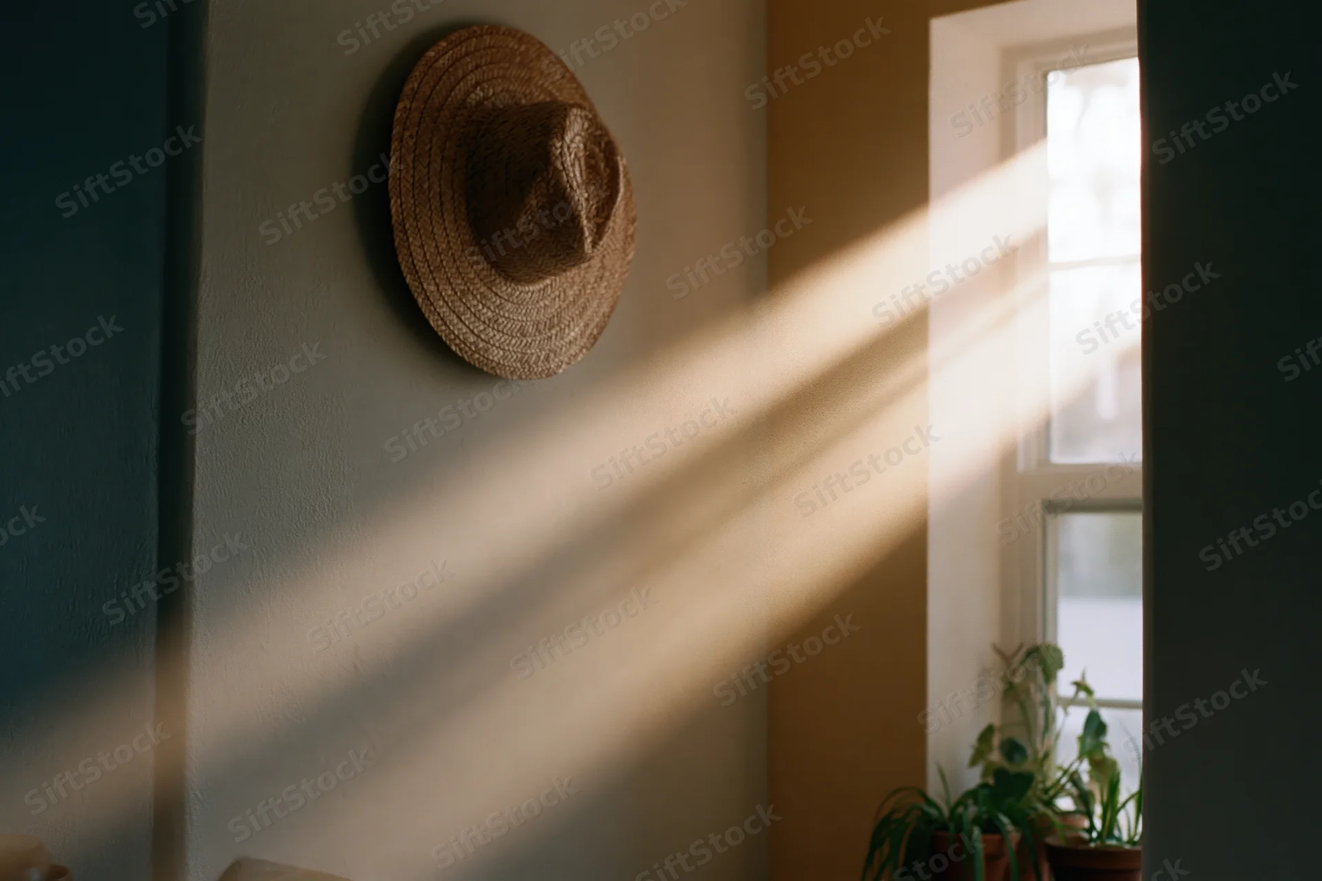 Morning sunbeams streaming through a window onto a straw hat hanging on a wall near potted plants inside a home