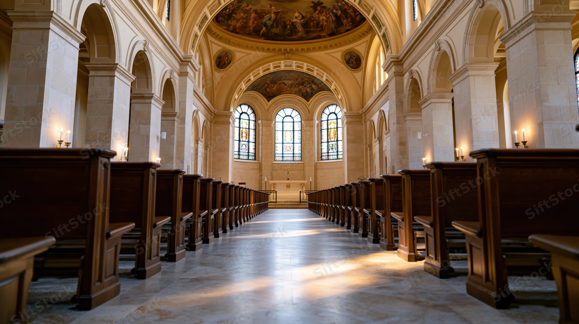 Empty catholic church interior viewed down central aisle toward altar with stained glass windows and frescoed dome