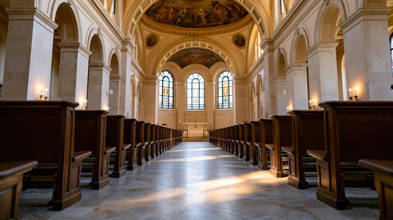 Empty catholic church interior viewed down central aisle toward altar with stained glass windows and frescoed dome