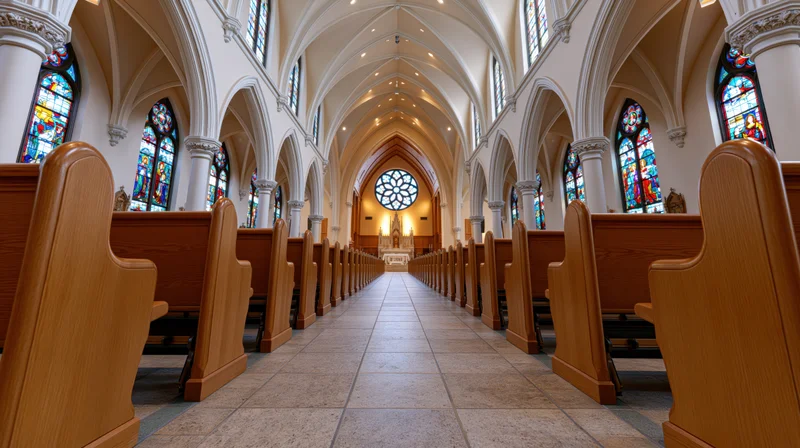 Empty catholic church nave with wooden pews and stained glass windows viewed from ground level along the central aisle toward the altar