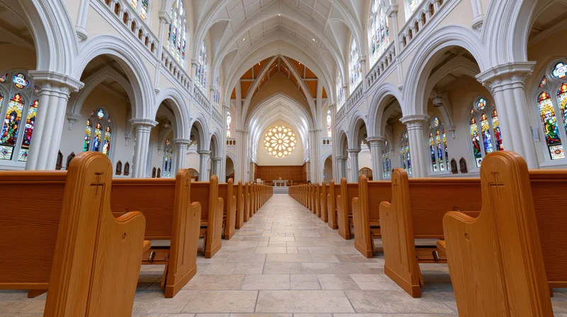 Empty catholic church nave with wooden pews and stained glass windows viewed from ground level along the central aisle