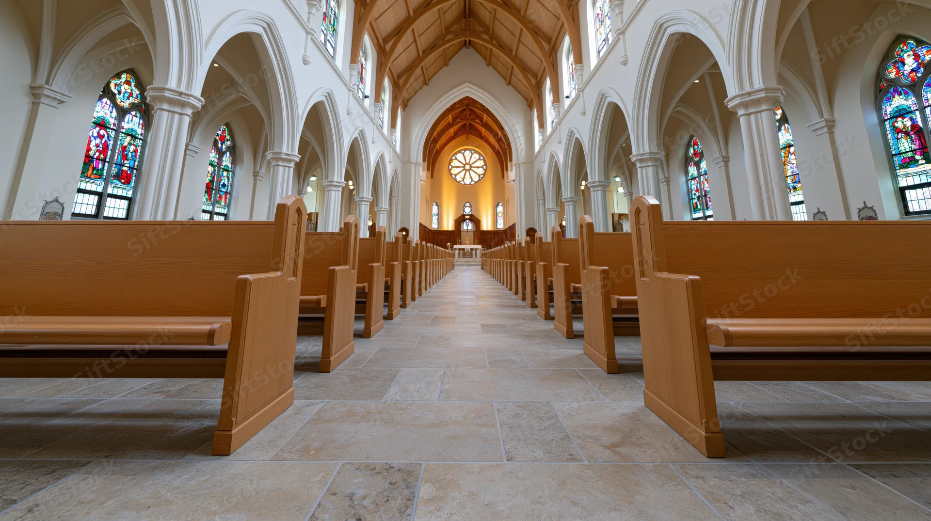 Empty catholic church nave with wooden pews and stained glass windows viewed from ground level along the central aisle toward the altar