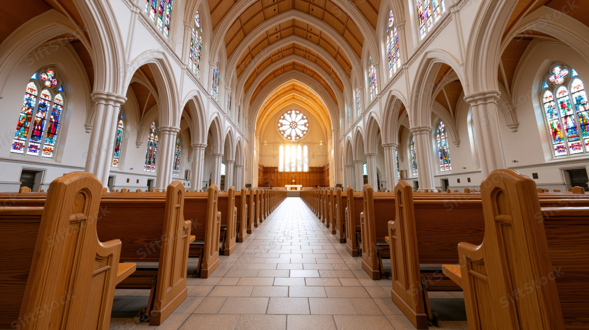 Empty catholic church nave with wooden pews and stained glass windows viewed from ground level along the central aisle toward the altar