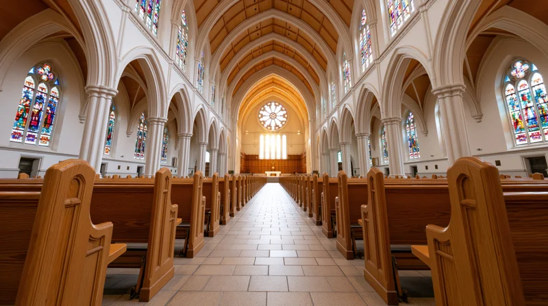 Empty catholic church nave with wooden pews and stained glass windows viewed from ground level along the central aisle toward the altar