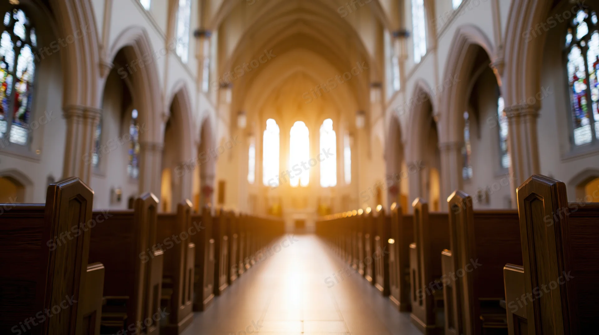 Empty catholic church nave viewed down central aisle with sunlight streaming through stained glass windows