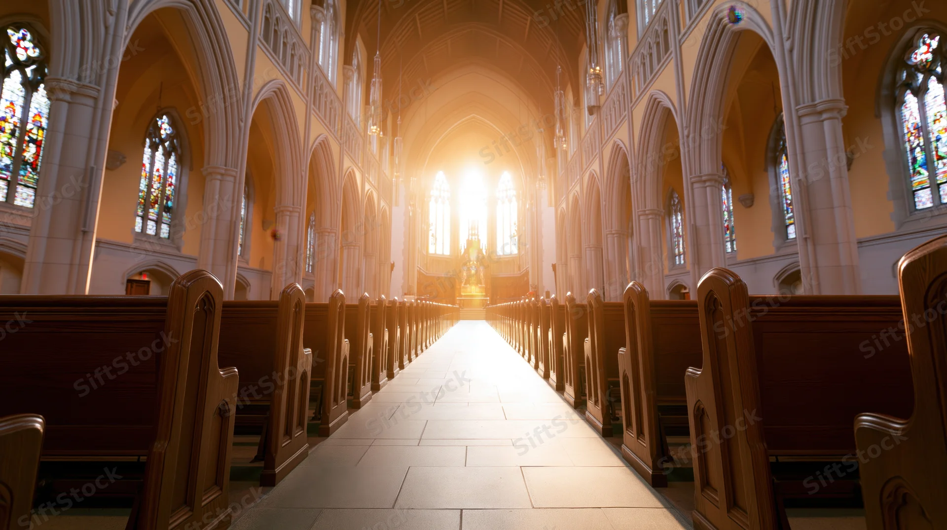Empty catholic church nave viewed from center aisle looking toward altar with sunlight streaming through stained glass windows