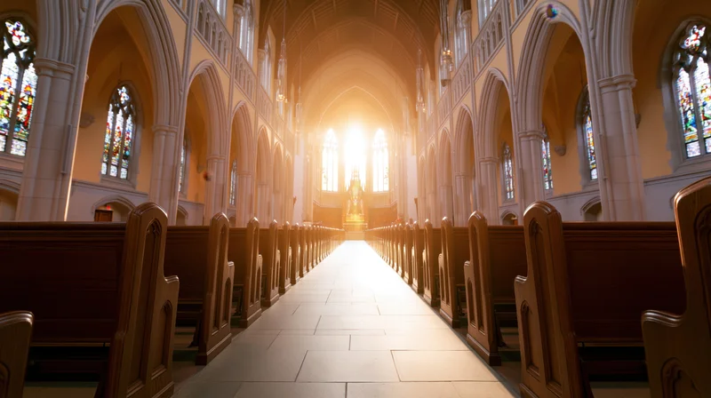Empty catholic church nave viewed from center aisle looking toward altar with sunlight streaming through stained glass windows