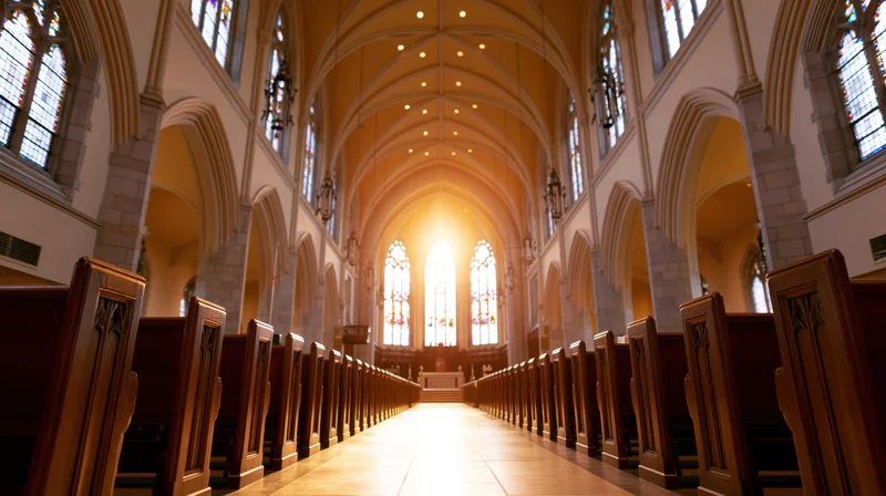 Empty catholic church nave viewed from center aisle looking toward altar with sunlight streaming through stained glass windows