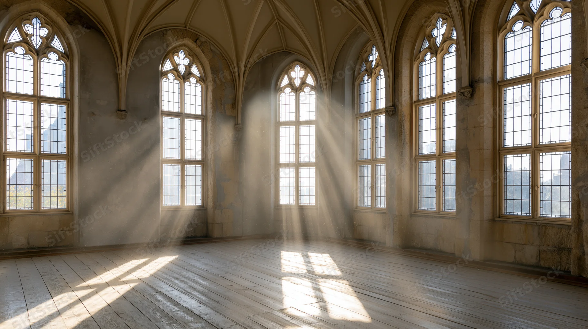 Empty gothic chapel interior with sunlight streaming through tall arched windows onto wooden floor