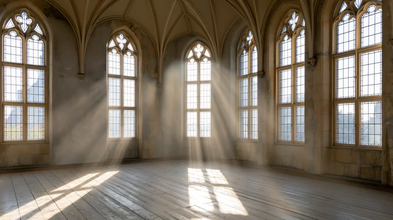 Empty gothic chapel interior with sunlight streaming through tall arched windows onto wooden floor