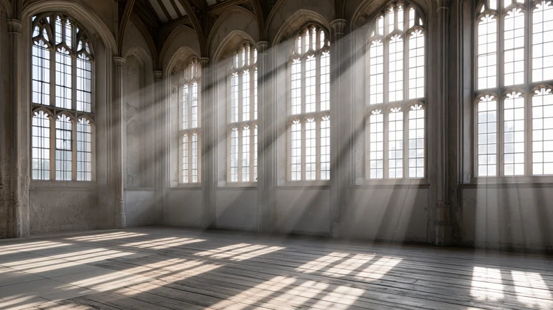 Empty gothic chapel interior with tall arched windows casting sunlight beams across wooden floor