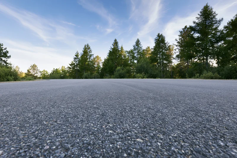 Asphalt road surface stretching toward a treeline of pine trees under a blue sky with wispy clouds