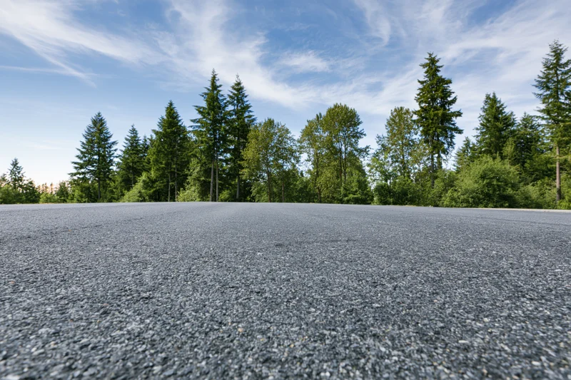 Asphalt road surface stretching toward a treeline of evergreen trees under a blue sky with wispy clouds