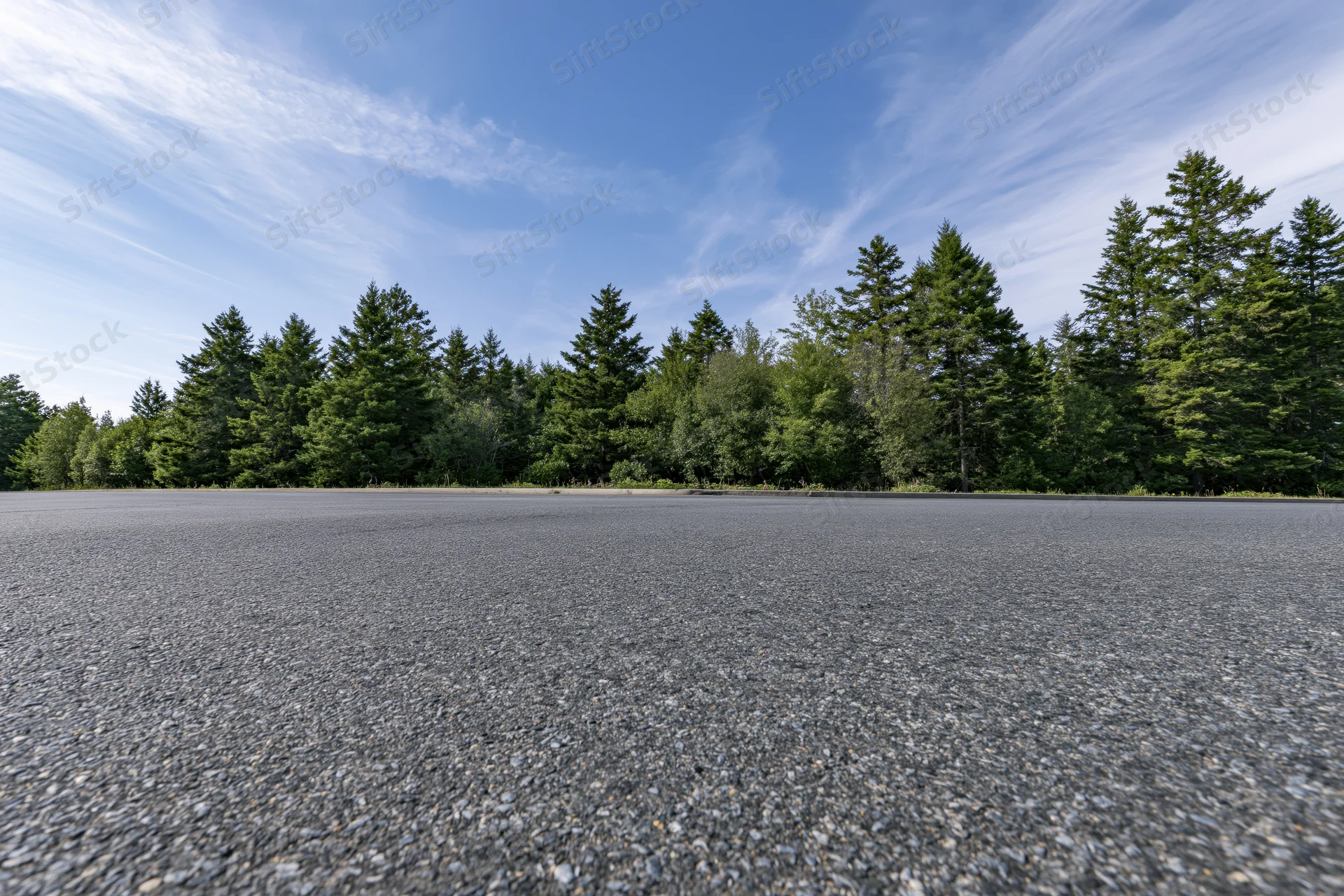 Empty asphalt road surface stretching toward a treeline of evergreen trees under a blue sky with wispy clouds
