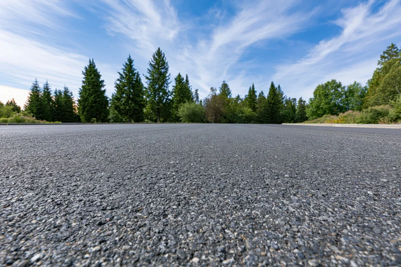 Empty asphalt road surface stretching toward a treeline of evergreen trees under a blue sky with wispy clouds