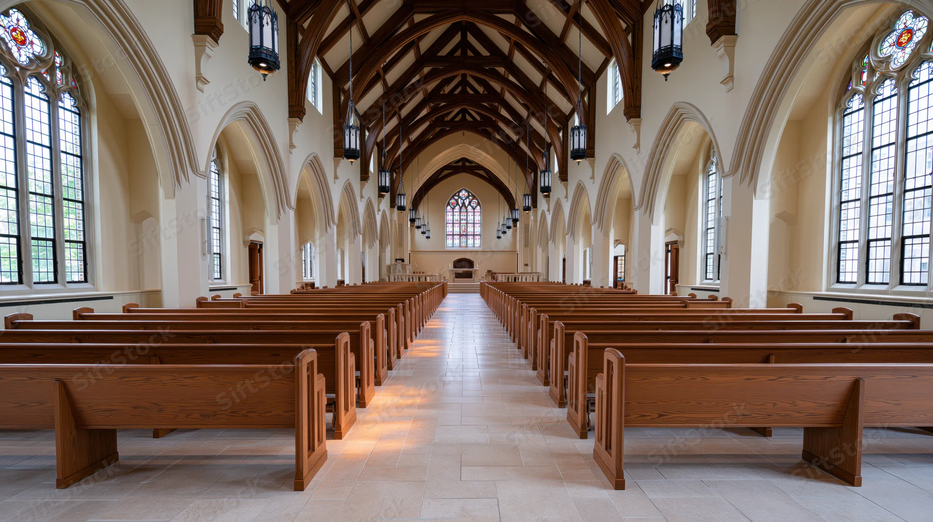 Empty church interior with wooden pews lining central aisle toward altar under vaulted ceiling with stained glass windows