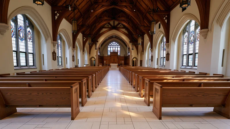 Empty church interior with wooden pews lining a central aisle toward the altar under a vaulted wooden ceiling with stained glass windows