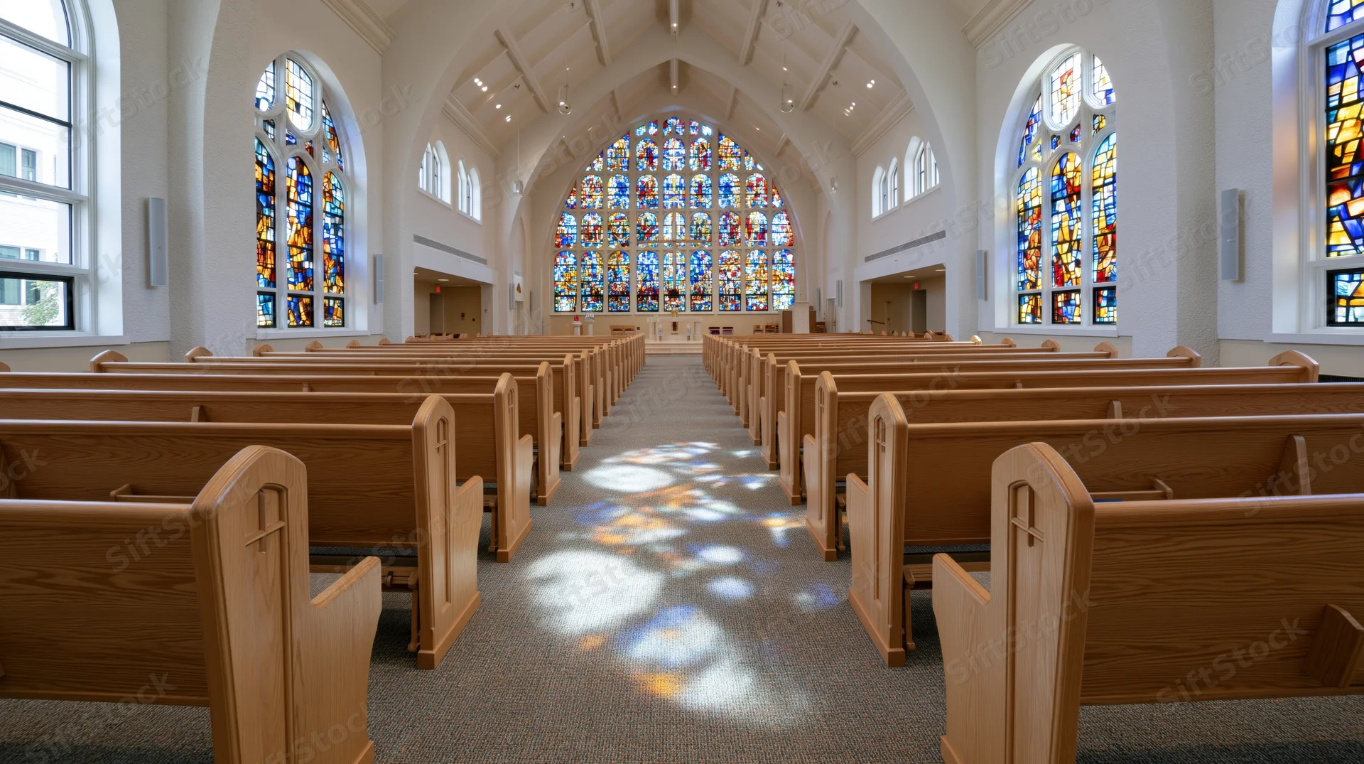Empty church interior with wooden pews arranged in rows leading to altar under stained glass windows