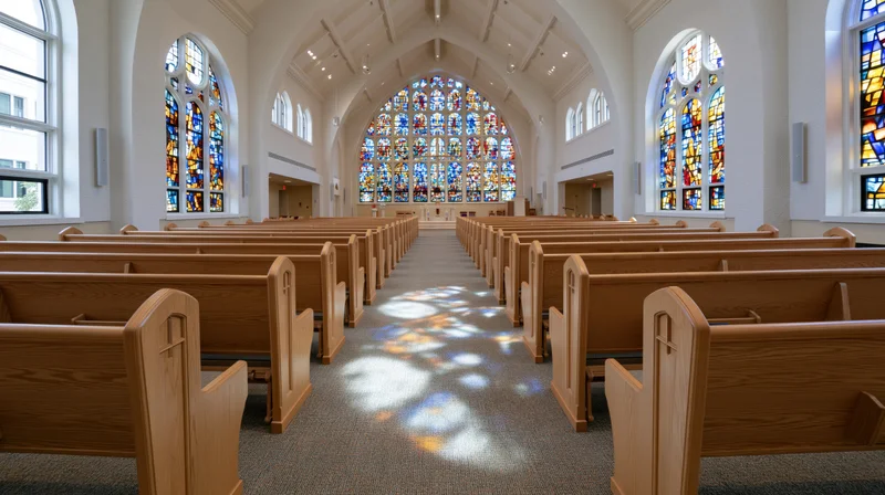 Empty church interior with wooden pews arranged in rows leading to altar under stained glass windows