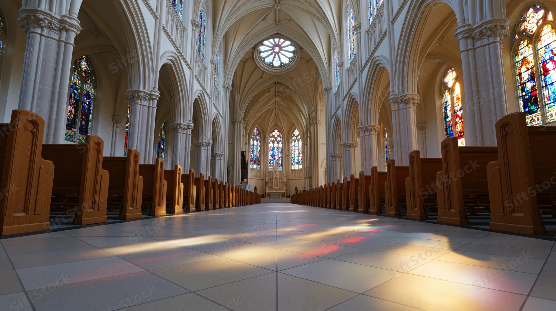Empty church interior with rows of wooden pews leading to altar under stained glass windows