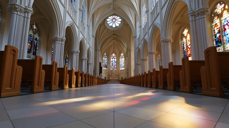 Empty church interior with rows of wooden pews leading to altar under stained glass windows