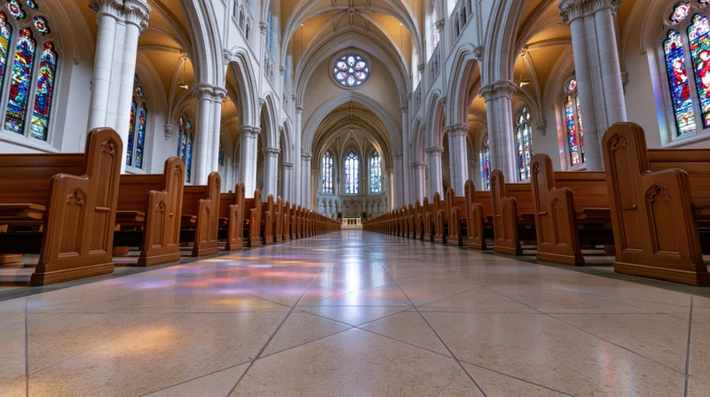 Empty church interior with rows of wooden pews leading to altar under stained glass windows