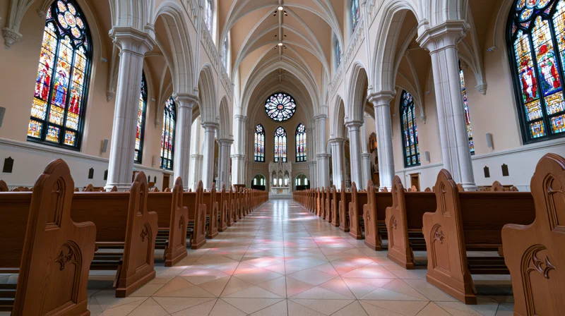 Empty church interior with wooden pews and stained glass windows leading to altar