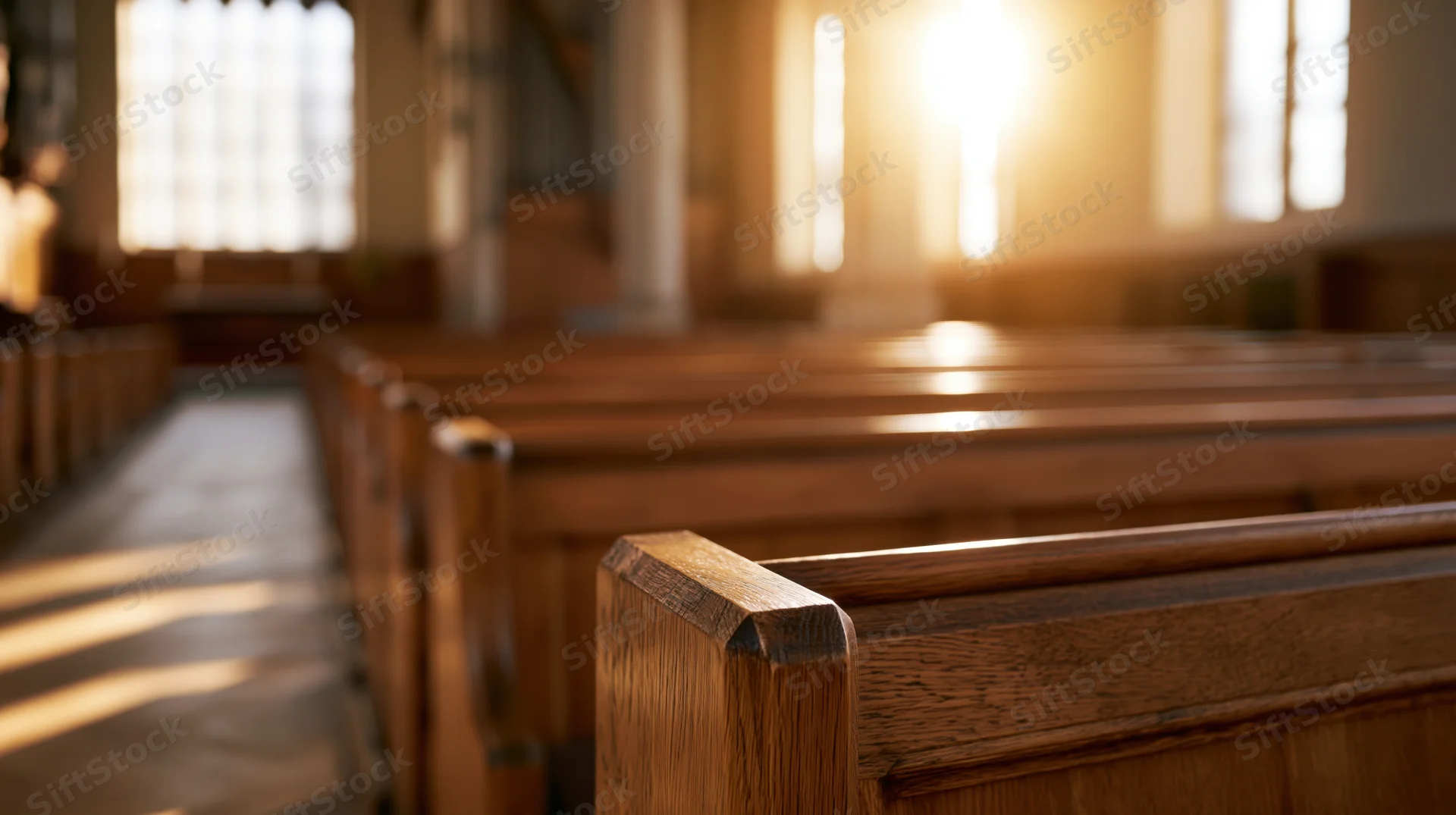 Rows of wooden pews receding into the sunlit interior of an empty church